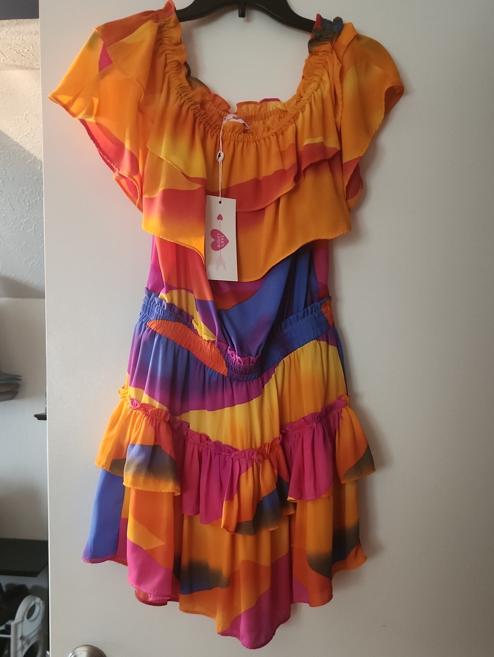 NWT Women's Buddy Love Bright Orange, Pink & Blue Layered Ruffle Dress Medium